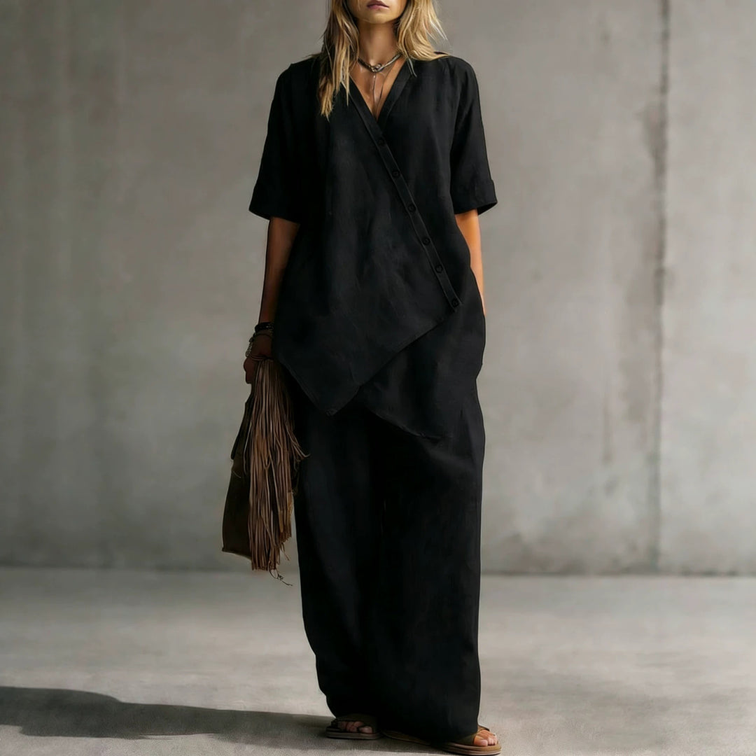 Damen Leinen-Zweiteiler mit asymmetrischer Knopfleiste und weiter Palazzo-Hose Drune