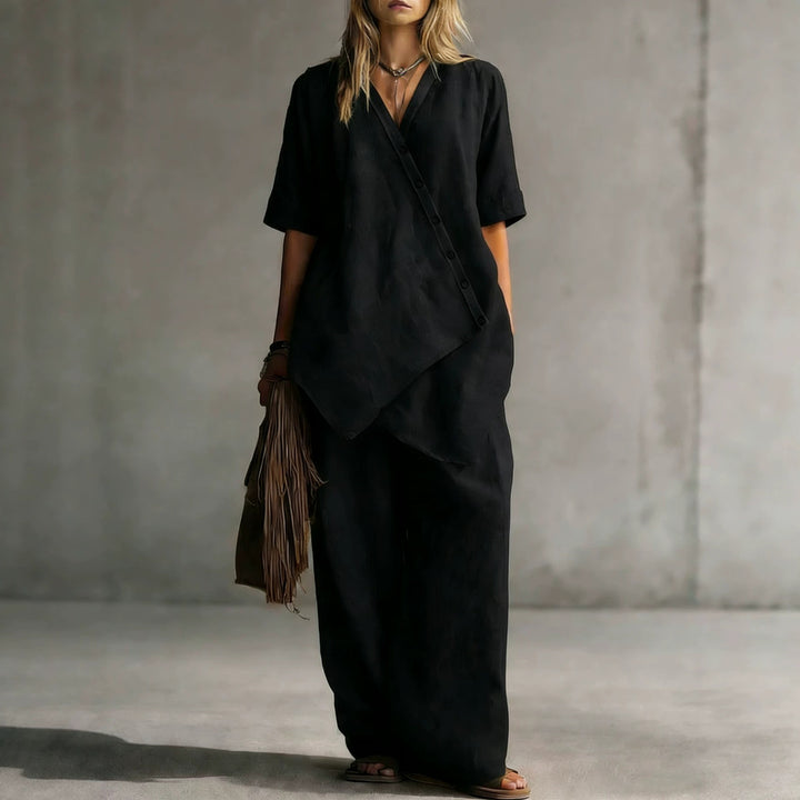 Damen Leinen-Zweiteiler mit asymmetrischer Knopfleiste und weiter Palazzo-Hose Drune