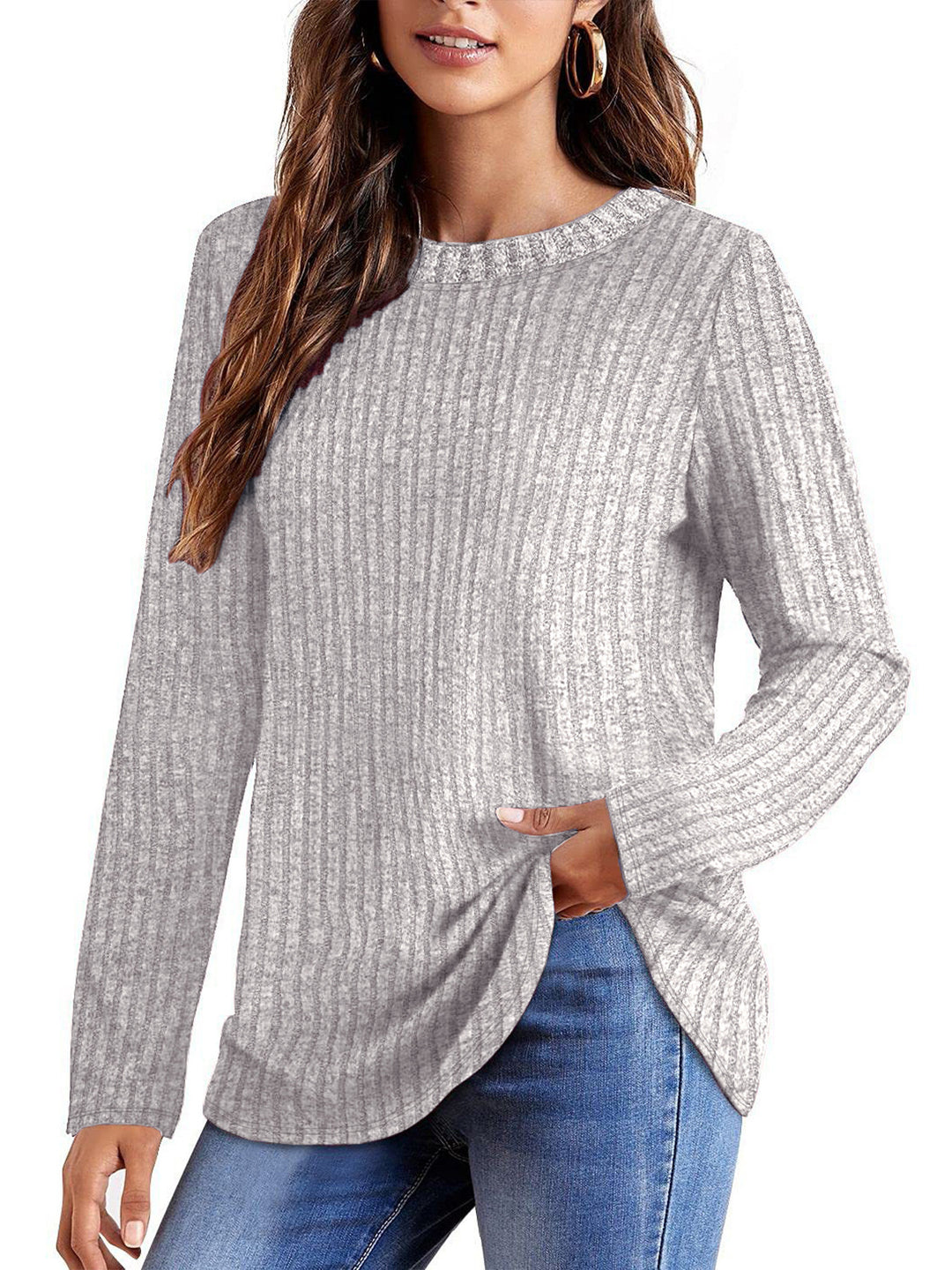 Damen Geripptes Feinstrick-Longsleeve mit Rundhalsausschnitt und asymmetrischem Saum Drune