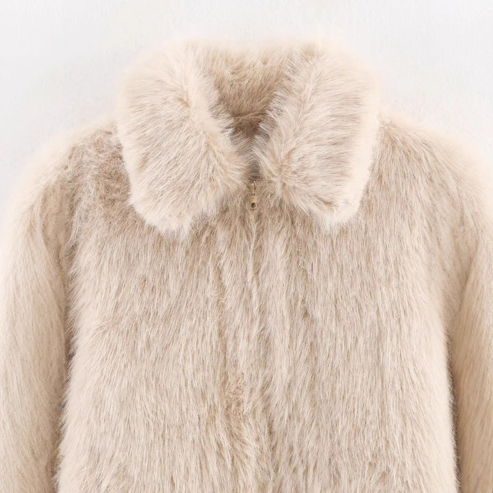 Damen nan kurzer Kunstfellblouson im Cropped-Schnitt mit voluminösem Umlegekragen Drune