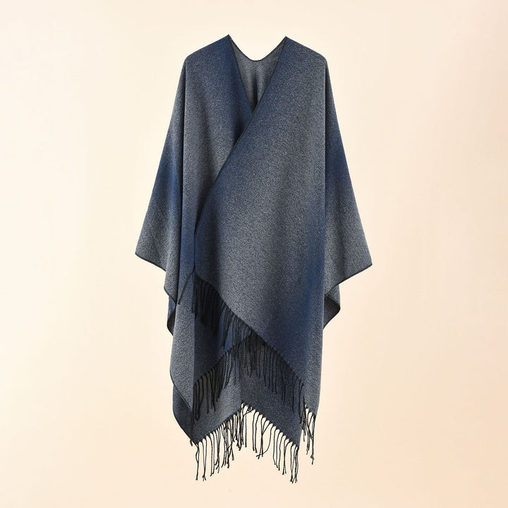 Damen Cape-Poncho aus leichtem Glanzstrick mit Ombre-Effekt und Fransensaum Drune