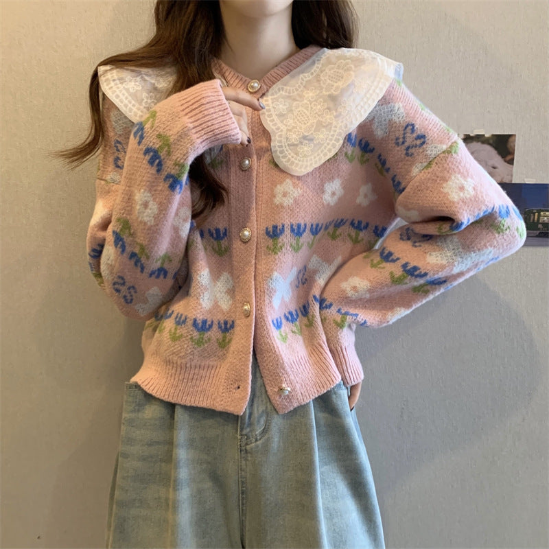 Damen modische Strickjacke mit Spitzenkragen und Floral-Design Drune