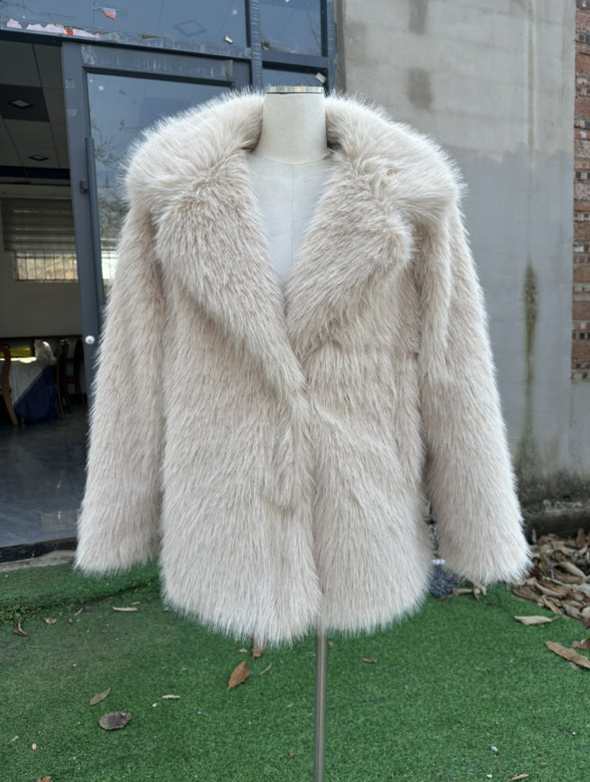 Damen Kurzer luxuriöser Kunstpelzmantel mit voluminösem Schalkragen und Boxy‑Silhouette Drune