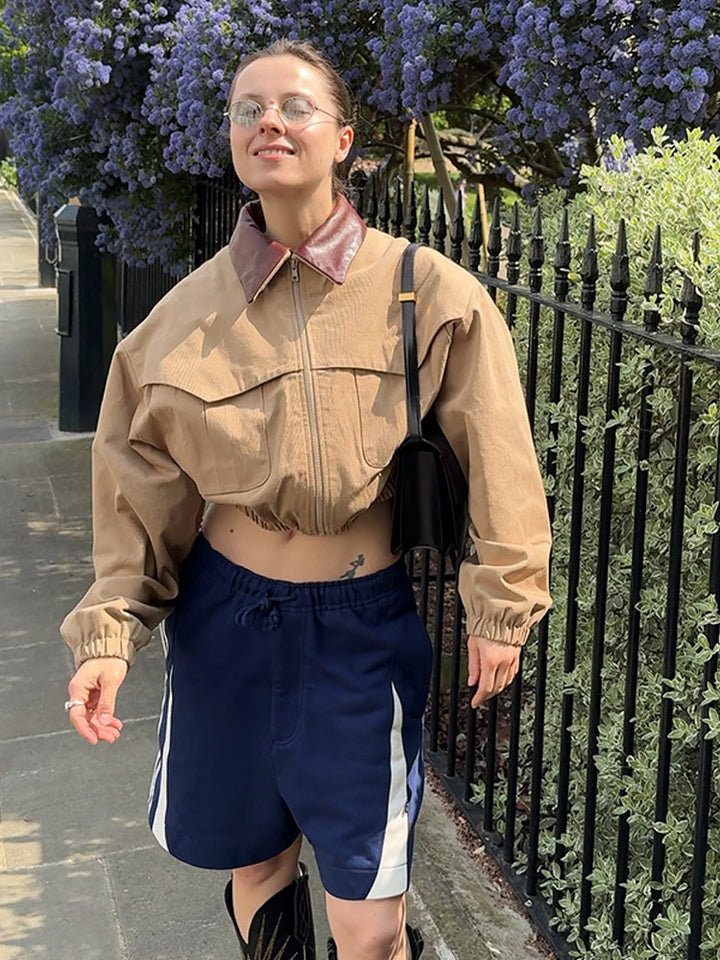 Damen Cropped-Bomberjacke mit kontrastiertem Lederkragen, Reißverschluss und elastischem Saum Drune