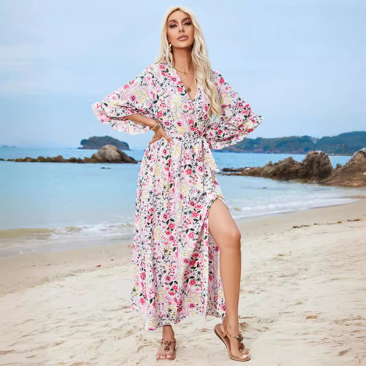 Damen Langarm Maxikleid mit floralem Design und Schlitz Drune