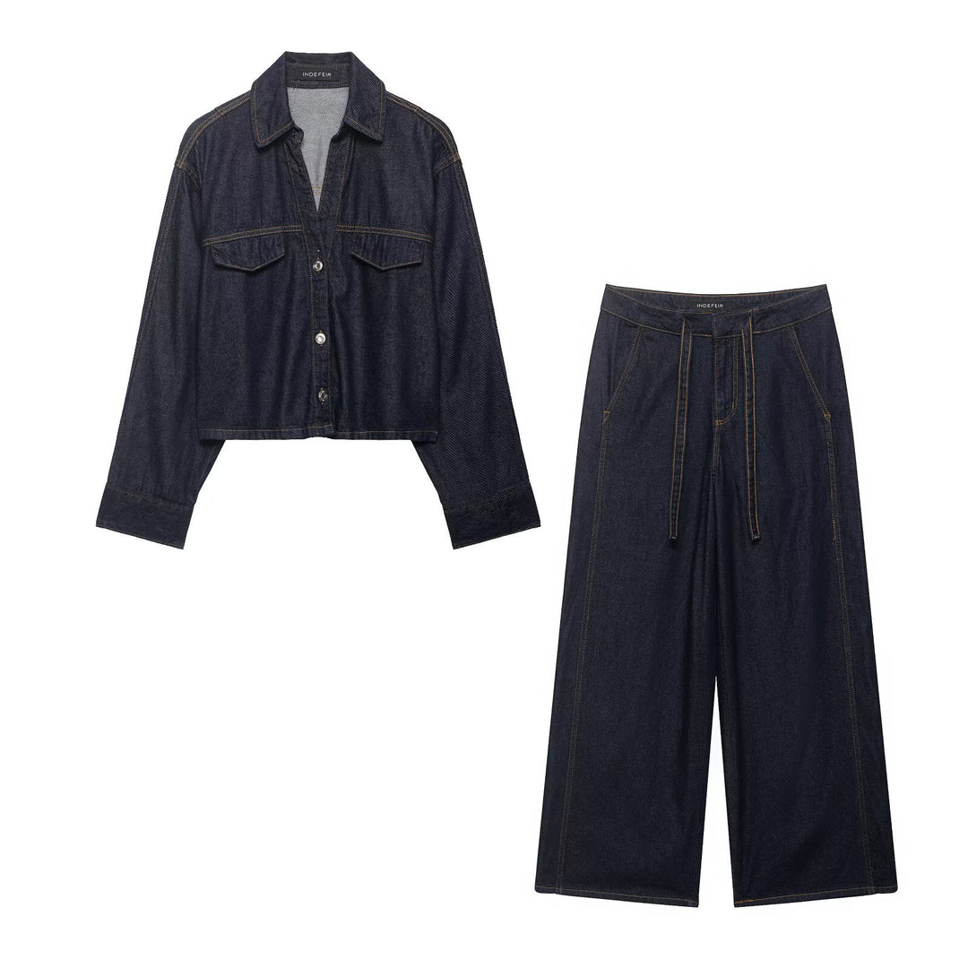 Damen Denim-Zweiteiler mit Cropped-Workerjacke und weiter High‑Waist-Hose Drune