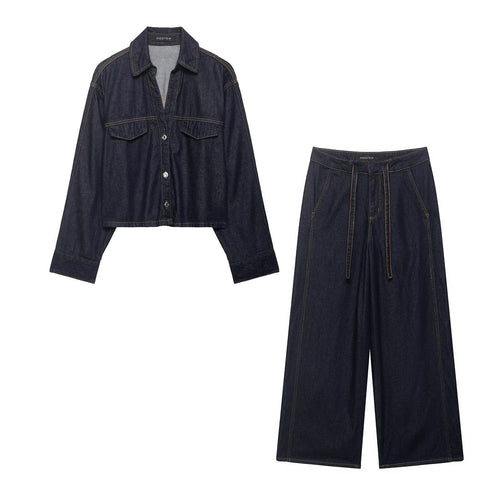 Damen Denim-Zweiteiler mit Cropped-Workerjacke und weiter High‑Waist-Hose Drune