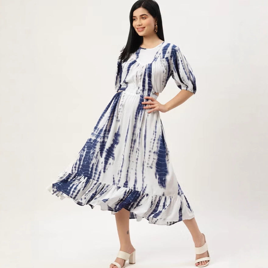 Damen Midikleid mit Batikprint, tailliertem Schnitt, seitlichem Cut-Out und Volant-Saum Drune