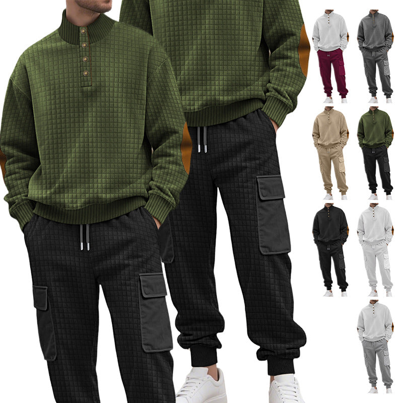 Herren nan Karo-Relief-Sweatset mit Stehkragen-Knopfleiste, Velours-Ellenbogenpatches und Cargo-Jogger Drune