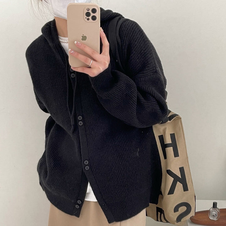 Damen lässige Strickjacke mit Kapuze und Knopfdetails Drune