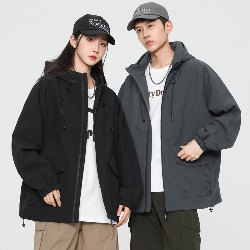 Damen Oversize Windbreaker Jacke mit Kapuze und Cargotaschen Drune