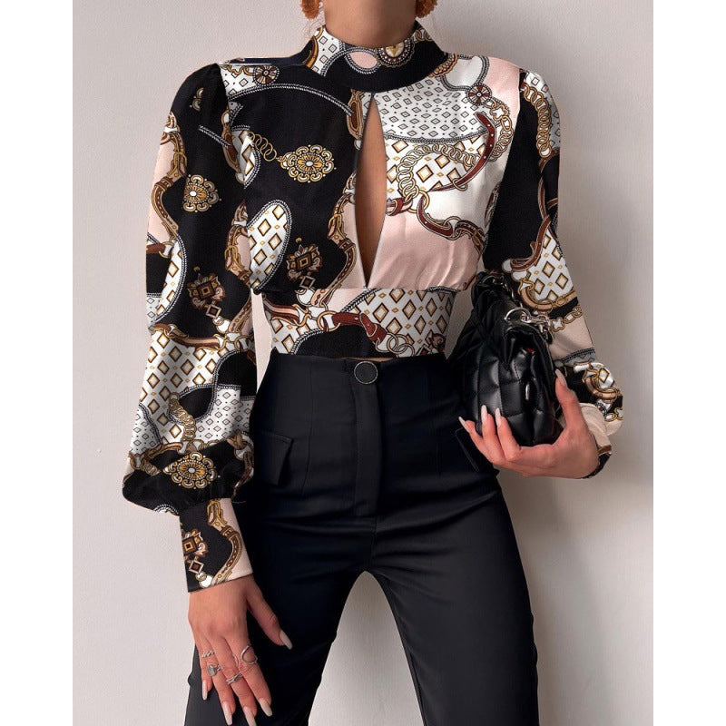 Damen elegante Bluse mit einem raffinierten Schlüsselloch-Ausschnitt und voluminösen Ärmeln Drune