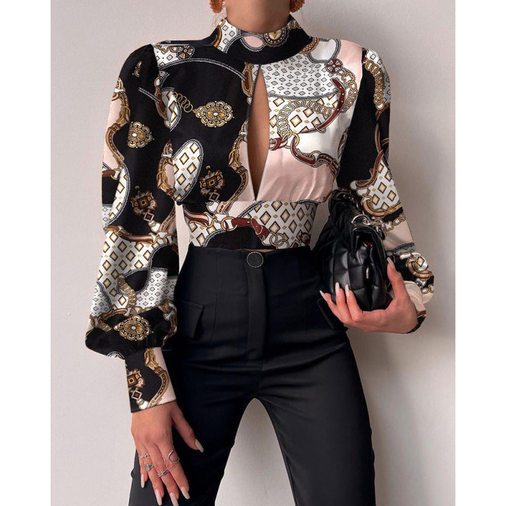 Damen elegante Bluse mit einem raffinierten Schlüsselloch-Ausschnitt und voluminösen Ärmeln Drune