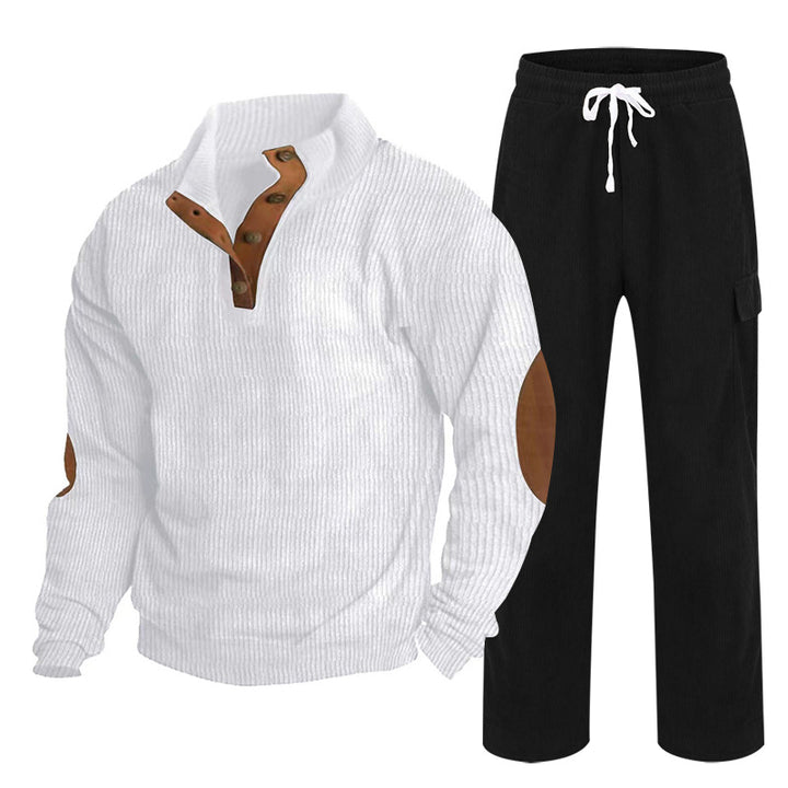 Herren Gemütliches Freizeit-Set aus Waffelstrick-Henley mit Ellenbogenpatch und Relax-Cargo-Hose Drune