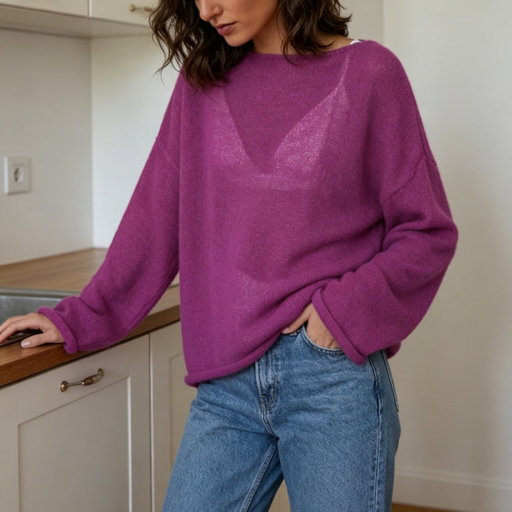 Damen luftiger Oversize-Feinstrickpullover mit weitem Arm und Rundhalsausschnitt Drune