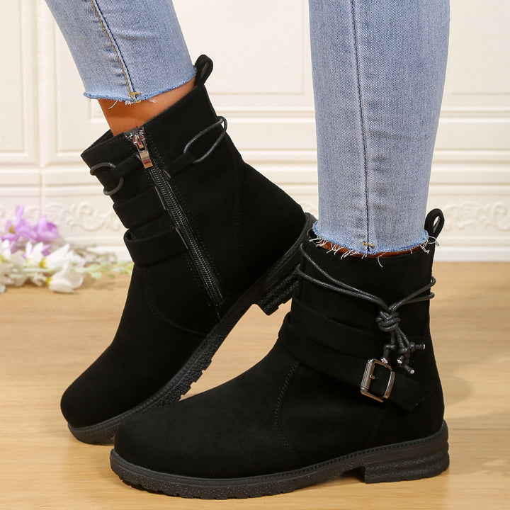 Damen nan gefütterte Ankle-Boots mit Wickelriemen, dekorativer Metallschnalle und rutschfester Profilsohle Drune