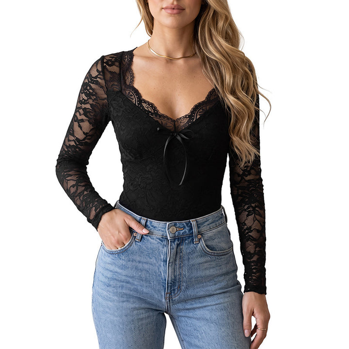 Damen Eleganter Spitzenbody mit V-Ausschnitt und Schleifen-Detail Drune