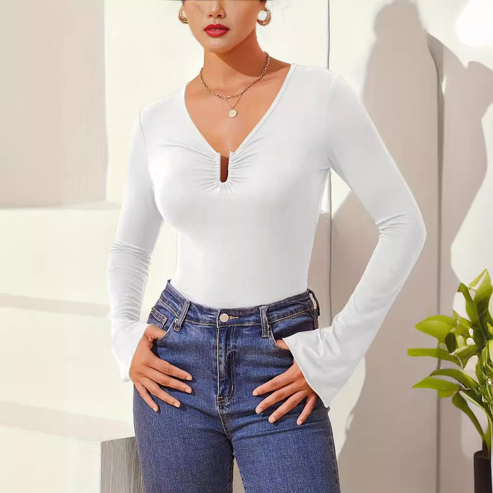 Damen nan tailliertes Langarmshirt mit gerafftem Schlitz-Ausschnitt und spitzem Zipfelsaum Drune