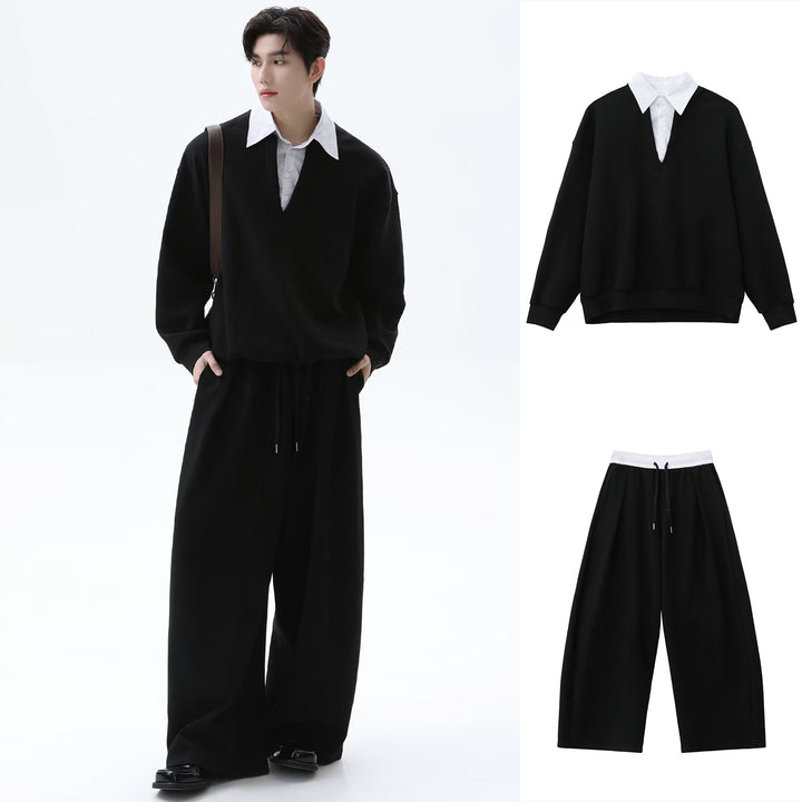 Herren Lässiger Oversized Pullover mit V-Ausschnitt und weiten Hosen Drune