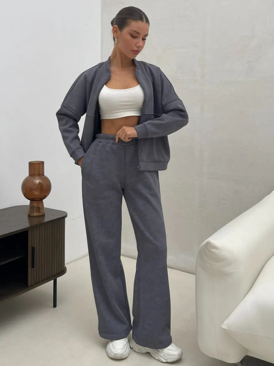 Damen Zweiteiliges Loungewear-Set mit kurzem Bomber-Zip und weiter hochgeschnittener Jogginghose Drune