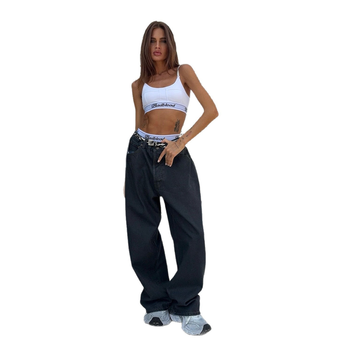 Damen weite Jeans mit modischem hohen Bund Drune