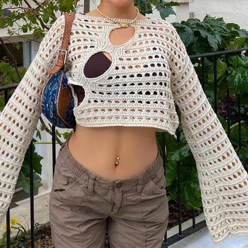 Damen Crop-Top mit offenem Maschenmuster und raffinierten Cut-Outs Drune