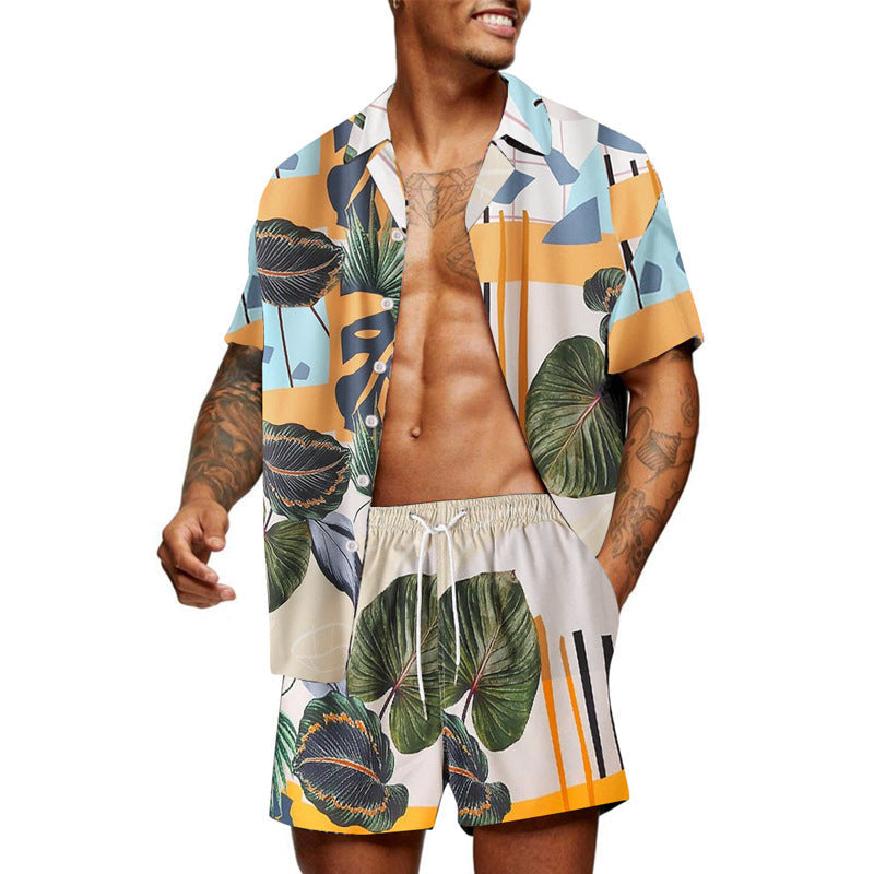 Herren Freizeit Hemd und Shorts Set mit farbenfrohem Pflanzenmuster Drune