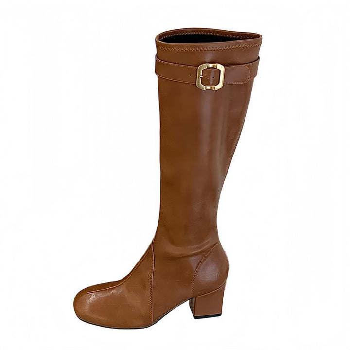Damen kniehohe Vintage-inspirierte Stiefel mit sculpted Blockabsatz, verstellbarem Schnallenriemen und seitlichem Reißverschluss Drune