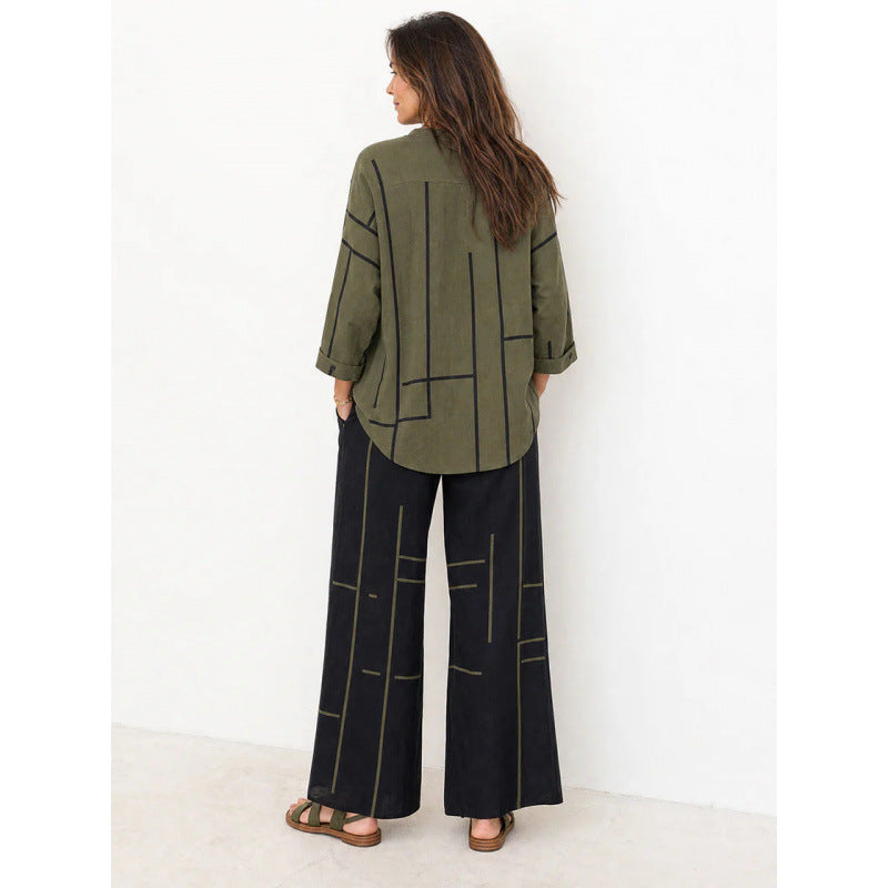 Damen Oversize-Tunika und weite Palazzohose mit grafischem Streifenprint und Henley-Kragen Drune