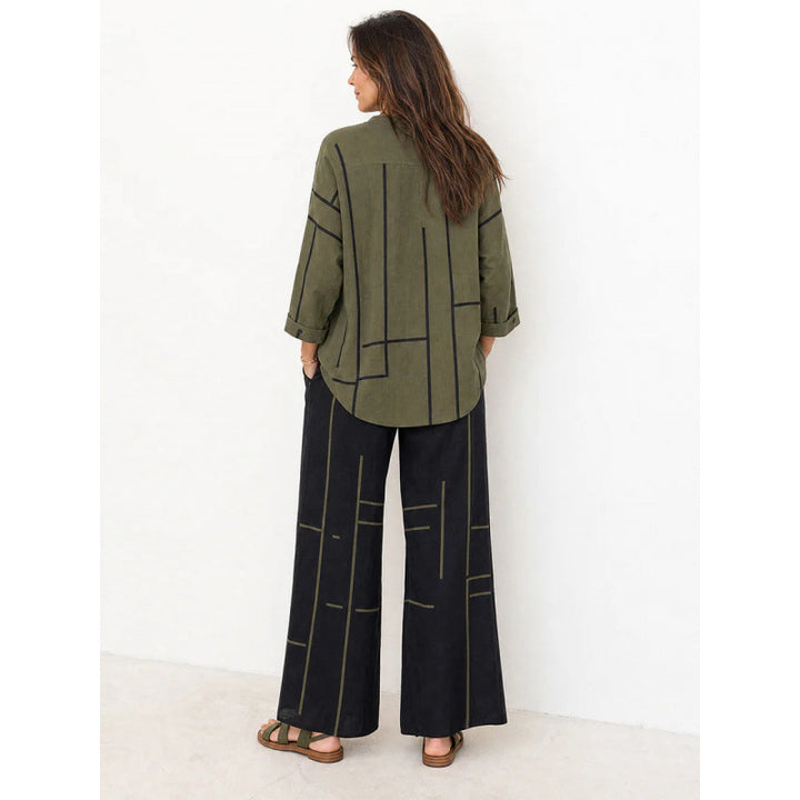 Damen Oversize-Tunika und weite Palazzohose mit grafischem Streifenprint und Henley-Kragen Drune
