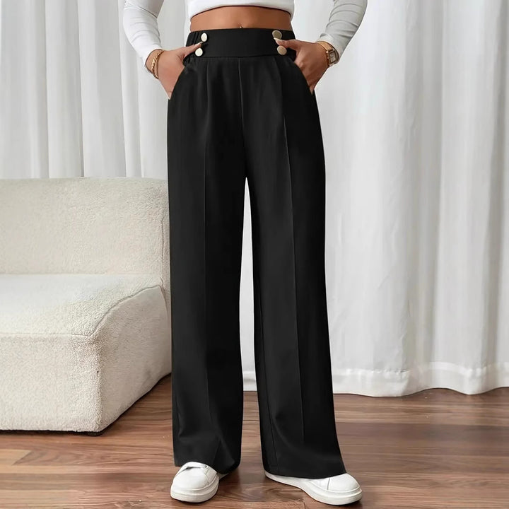 Damen Hochtaillierte Weite Palazzo‑Hose mit Bundknöpfen, Bügelfalte und Eingrifftaschen Drune