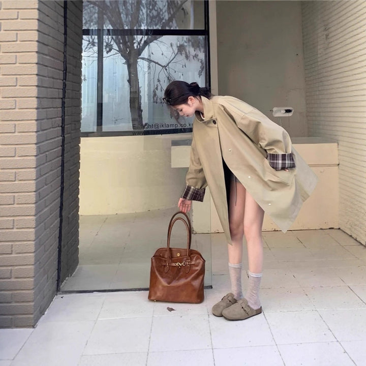 Damen Oversized Kurzmantel mit Stehkragen und kariertem Ärmelfutter Drune