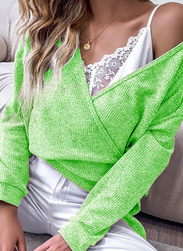 Damen feiner Strickwickelpullover mit tiefem V-Ausschnitt, überschnittenem Schulter und melierter Textur Drune