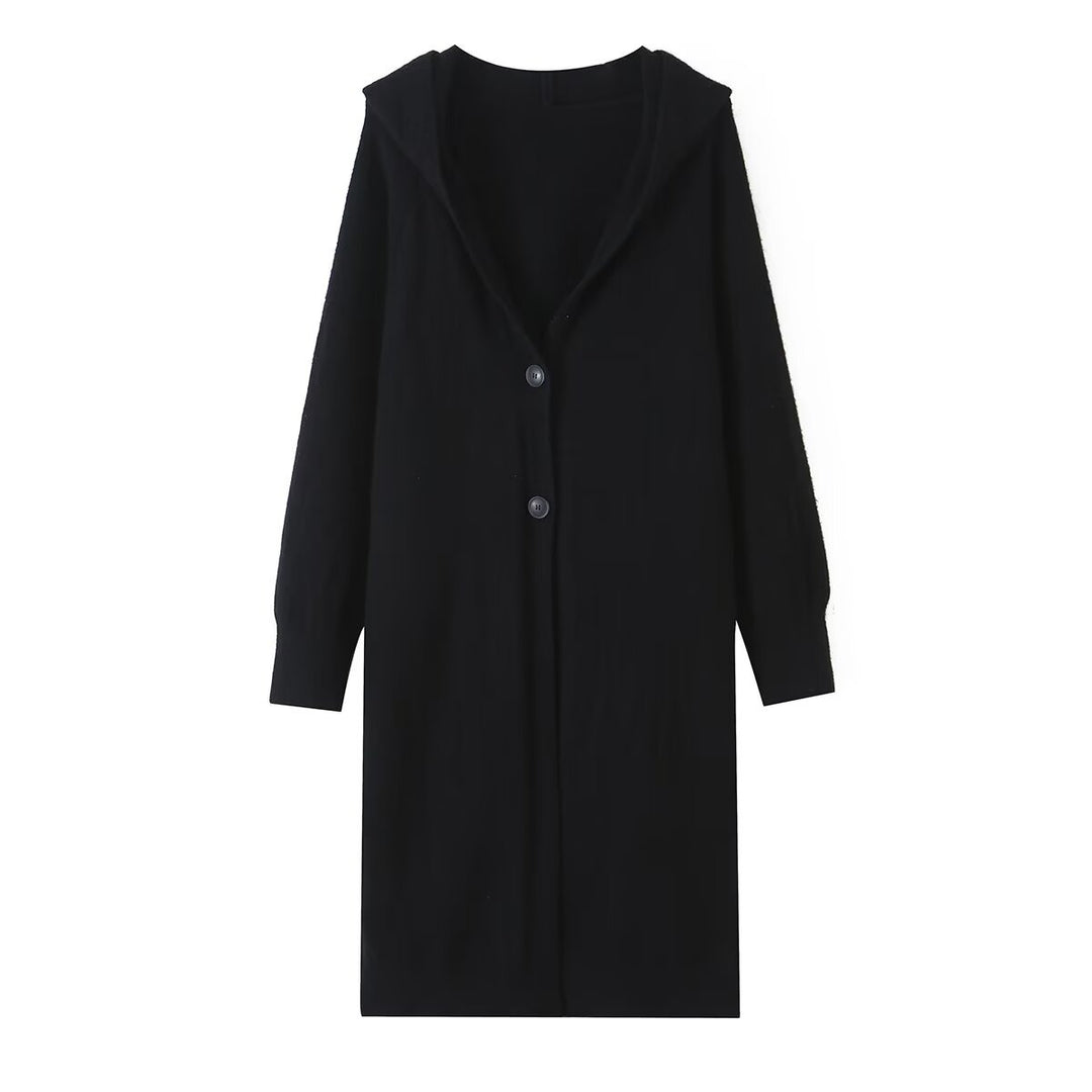 Damen Longline Strickcardigan mit Kapuze, Feinstrick und Knopfverschluss Drune