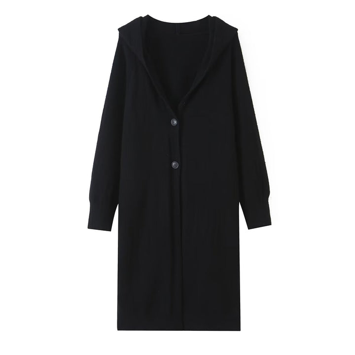 Damen Longline Strickcardigan mit Kapuze, Feinstrick und Knopfverschluss Drune
