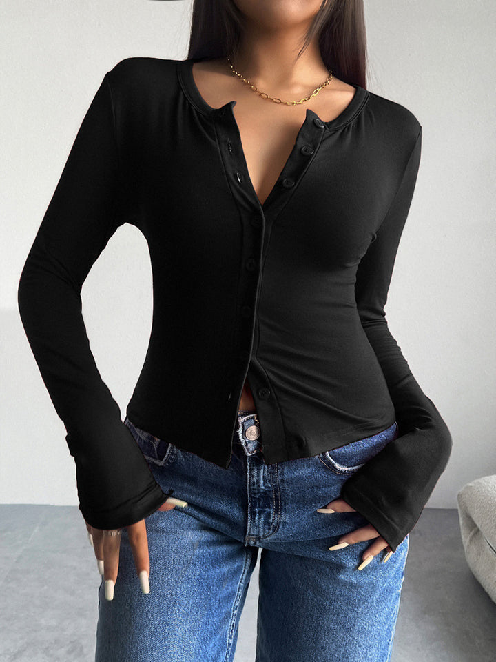 Damen figurbetontes Langarm-Top mit Knopfdetails Drune