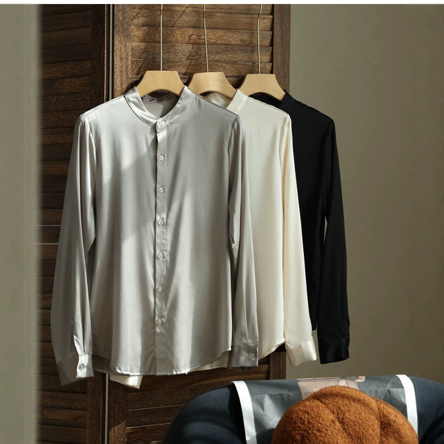 Damen Elegante satinierte Bluse mit knöpfbarem Ausschnitt Drune
