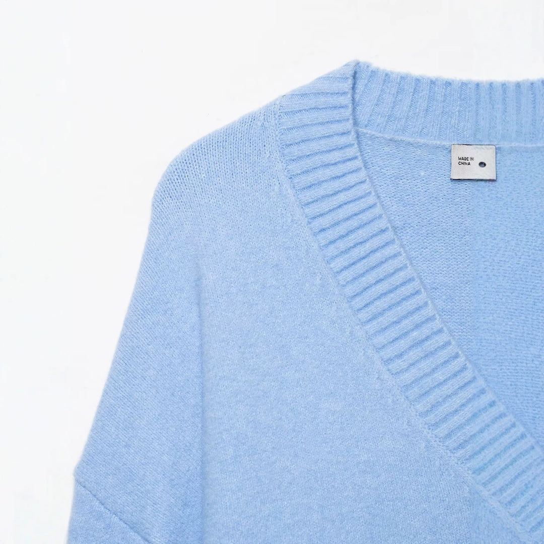 Damen Oversize V-Ausschnitt Strickpullover mit tiefem Fall und breitem Rippenbund Drune