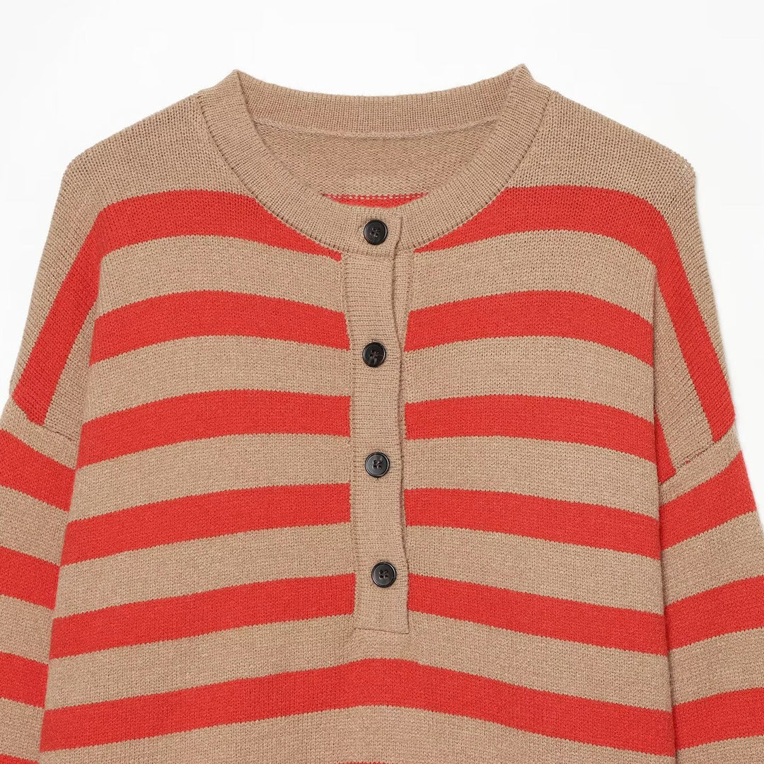 Damen Gestreifter Oversize-Strickpullover mit Henley-Knopfleiste Drune