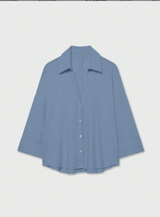 Damen Leichte Oversize Leinenoptik Bluse mit Dreiviertelärmeln und durchgehender Knopfleiste Drune