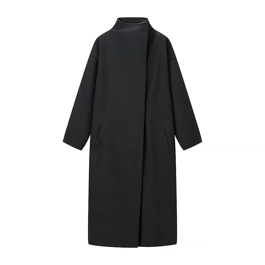Damen nan minimalistischer Longmantel mit Stehkragen, verdeckter Frontleiste und schrägeingesetzten Eingrifftaschen Drune