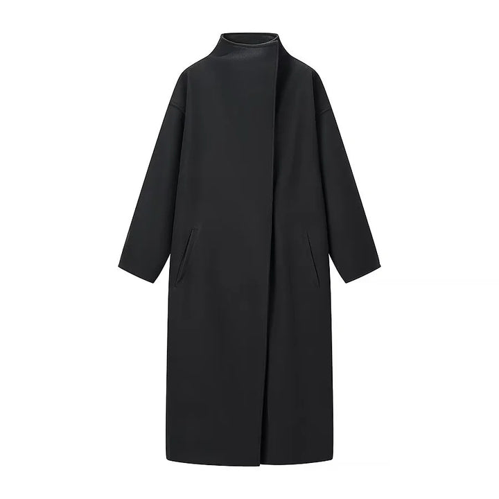 Damen nan minimalistischer Longmantel mit Stehkragen, verdeckter Frontleiste und schrägeingesetzten Eingrifftaschen Drune