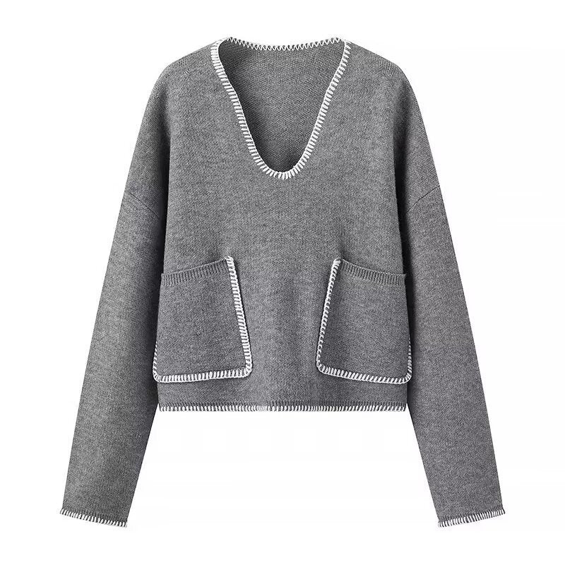 Damen Kurzer V-Ausschnitt Pullover mit Ziernähten und aufgesetzten Taschen Drune
