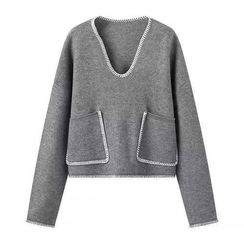 Damen Kurzer V-Ausschnitt Pullover mit Ziernähten und aufgesetzten Taschen Drune