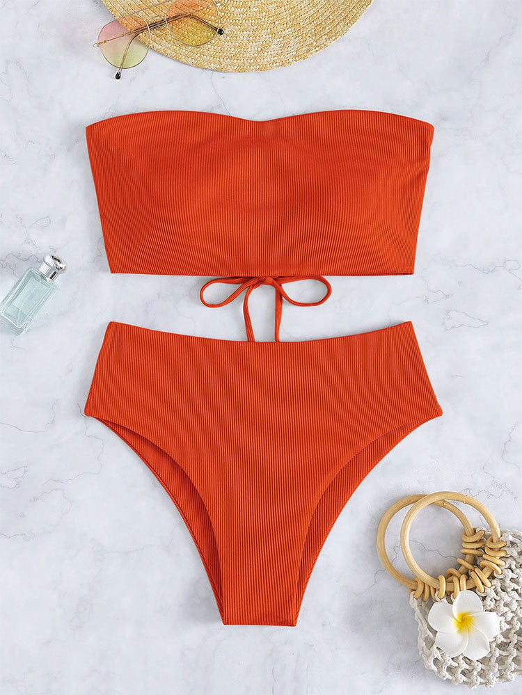 Damen Bandeau-Bikini mit hohem Bund und Rippdesign Drune