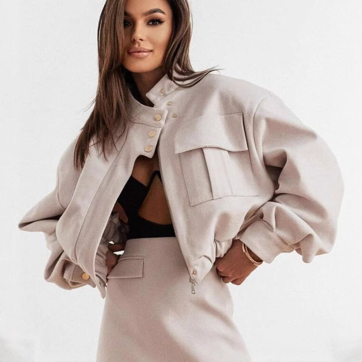 Damen lässige Übergangsjacke mit voluminösen Ärmeln und dekorativen Knopfdetails Drune