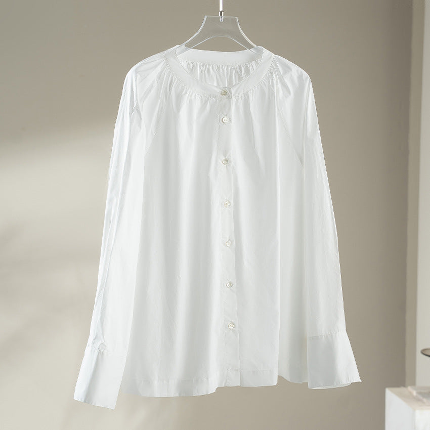 Damen Bluse mit gerafftem Rundhalsausschnitt und durchgehender Knopfleiste Drune