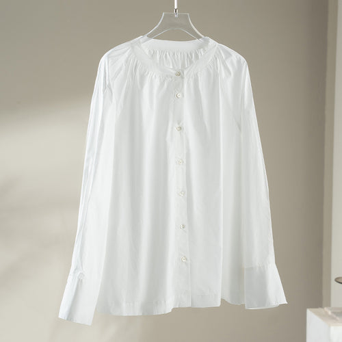 Damen Bluse mit gerafftem Rundhalsausschnitt und durchgehender Knopfleiste Drune