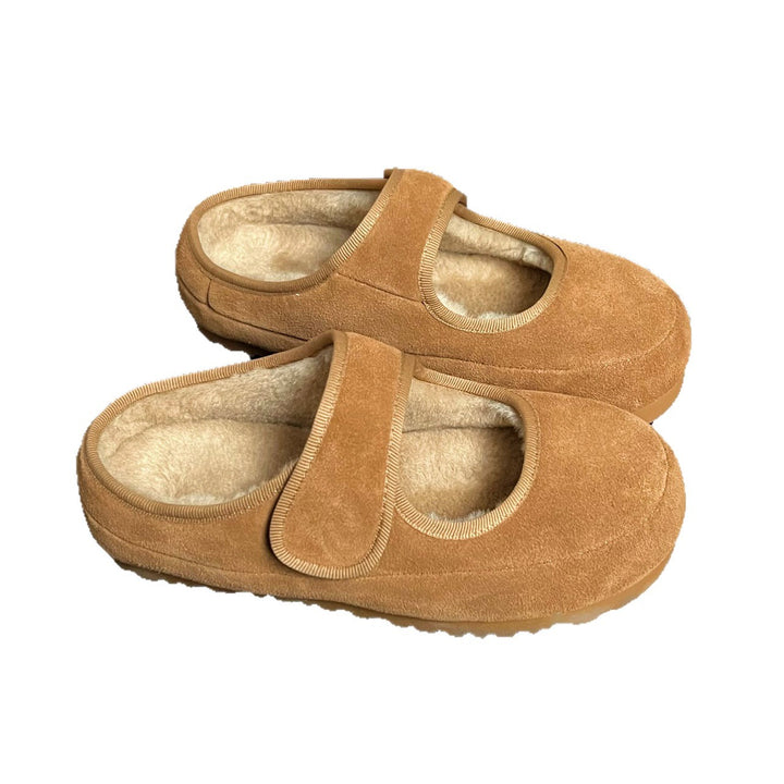 Damen Kuschelige Velours‑Mary‑Jane‑Hausschuhe mit Teddyfutter und Klettverschluss Drune