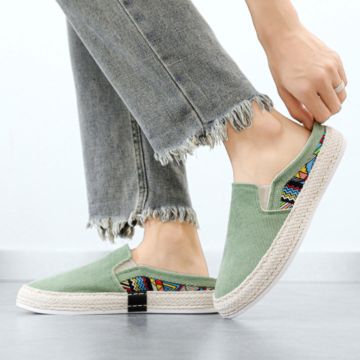 Damen Espadrille-Slipper aus Canvas mit geflochtener Jute-Sohle und farbigem Ethno-Detail Drune